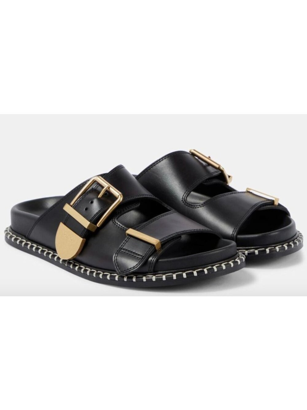 Chloé Chloe Rebecca Leather Slides Sandals Black Gold Buckle Size 37